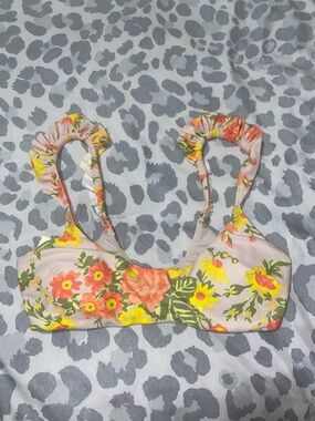 aerie Floral Bikini Top in Light Pink with Yellow & Orange Flowers